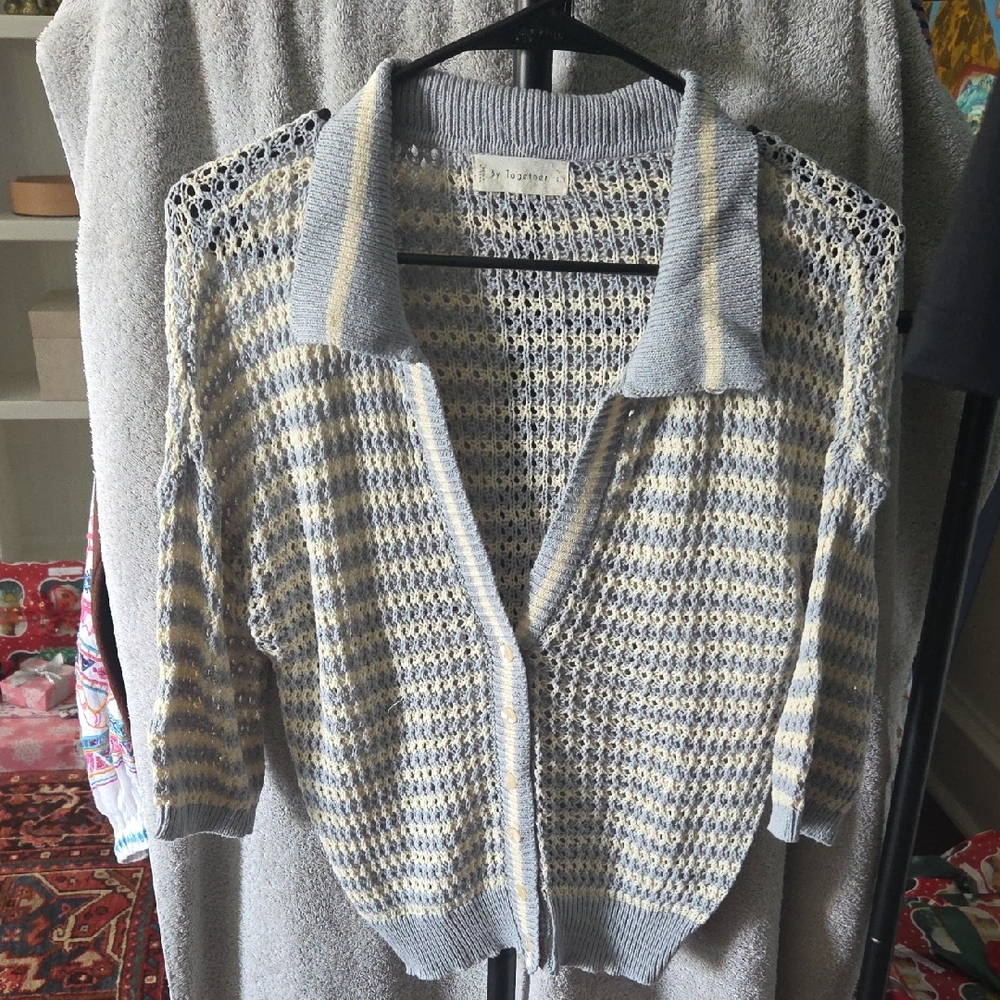 Together Blue and Cream Knit Cardigan